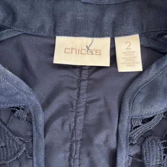 Chico's Navy Blue Linen Jacket Lace Detail size 2/large - Picture 4 of 7